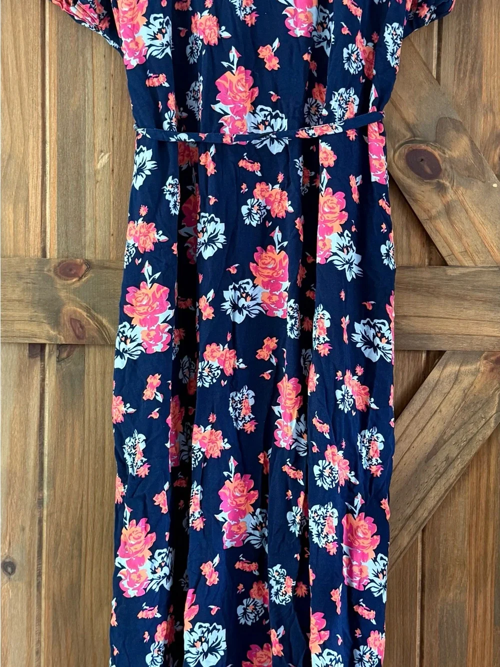 LuLaRoe Navy Floral Button-Front Dress with Pink & Coral Blooms - Picture 5 of 5